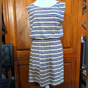 Loft S comfy knit navy/cream stripe nautical elastic waist mini sleeveless dress
